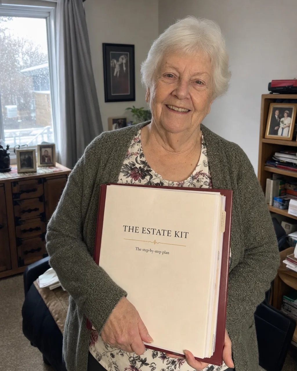 Maureen, a verified customer, holding her completed Estate Kit