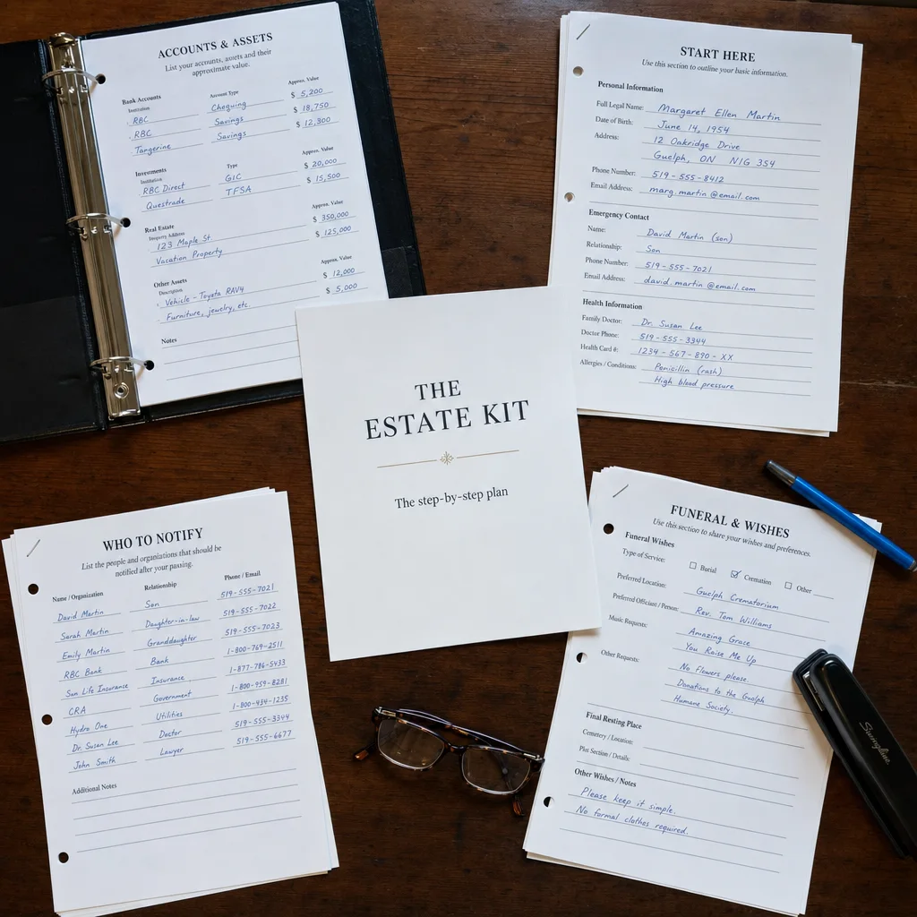 The Estate Kit open in a binder — the plan and the fill-in records