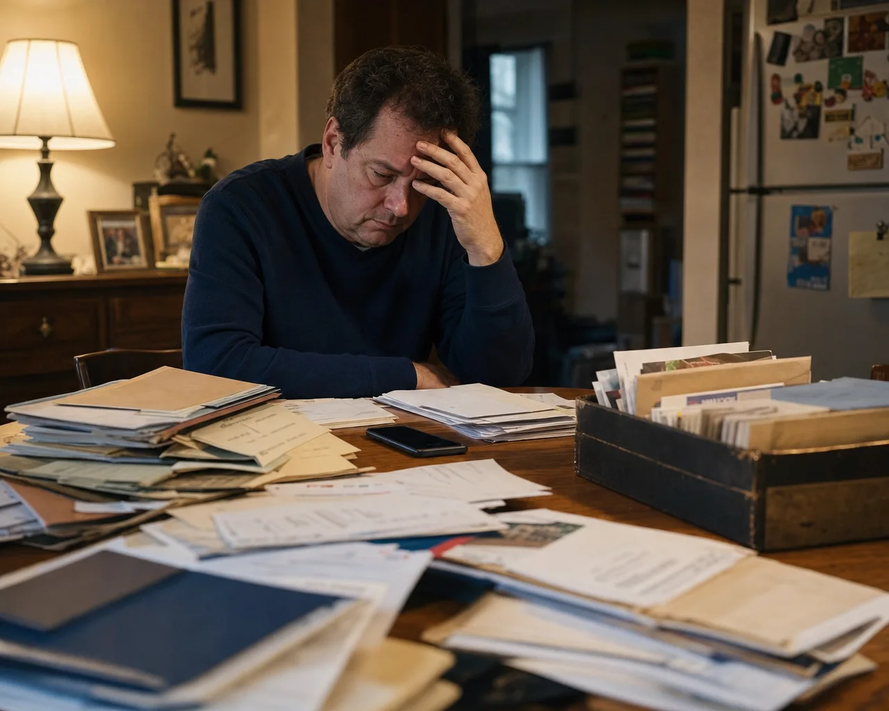 An adult son surrounded by his late parent’s paperwork, unsure where to begin